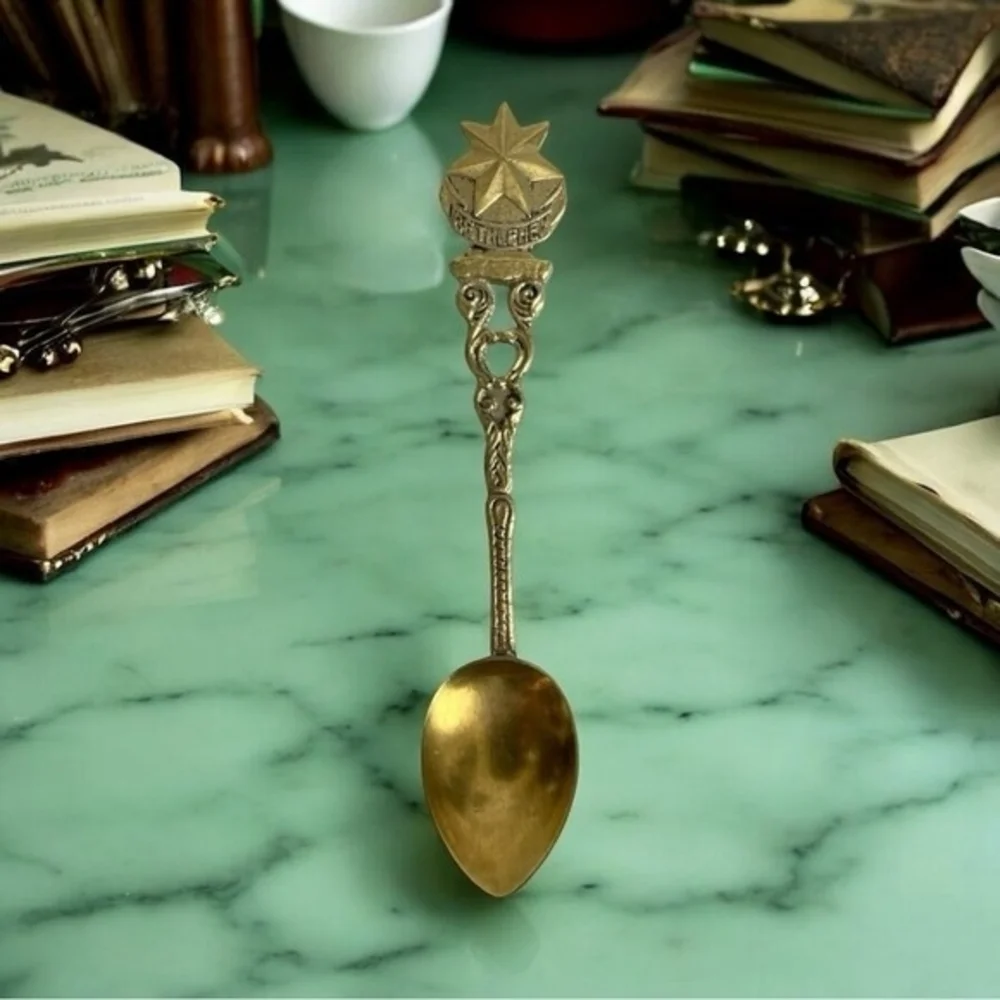 Vintage Souvenir Spoon Collectible Israel Bethlehem Gold Plated Mini Spoon Gift